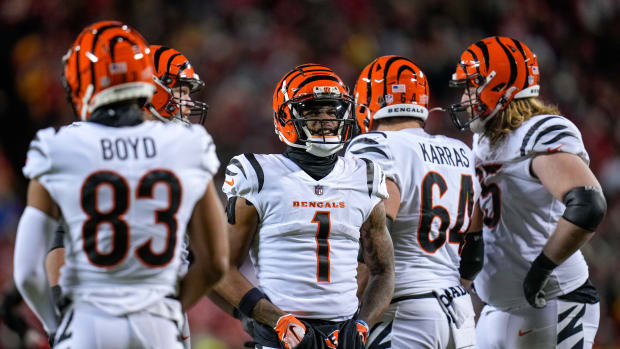 Cincinnati Bengals wide receiver Ja'Marr Chase (1) reacts as he watches the big screen in the fourth quarter of the NFL Week 17 game between the Kansas City Chiefs and the Cincinnati Bengals at Arrowhead Stadium in Kansas City, Mo., on Sunday, Dec. 31, 2023. The Chiefs won 25-17 to clinch the AFC West Championship.
